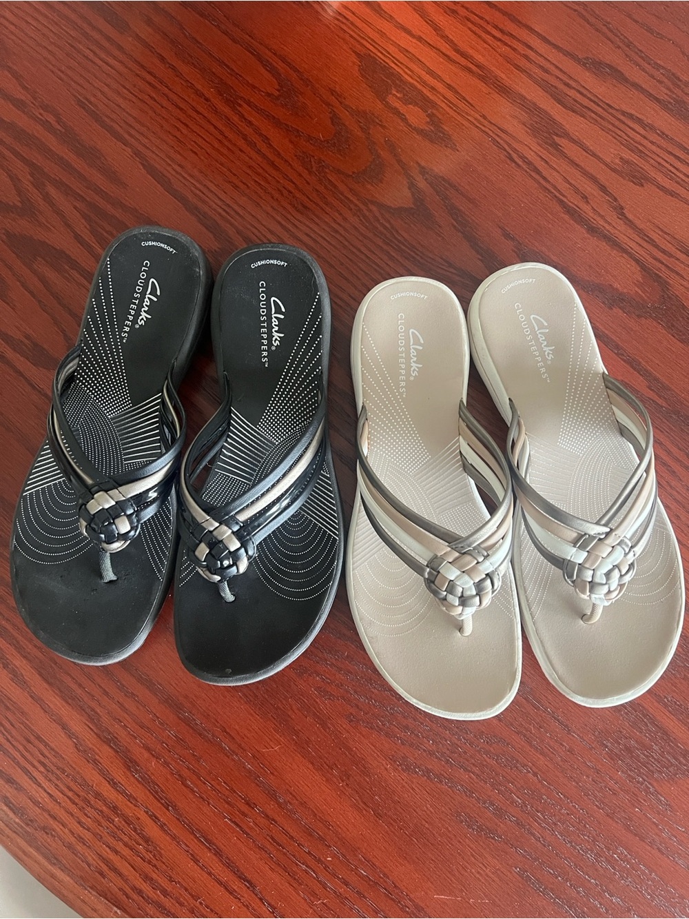 Clarks Women’s Cloudsteppers Braided Thong Sandals in Black and Taupe